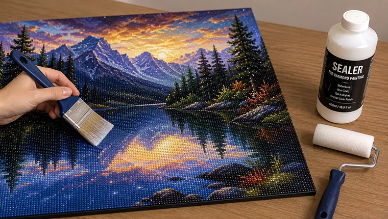 A finished diamond painting being sealed with a brush-on sealant