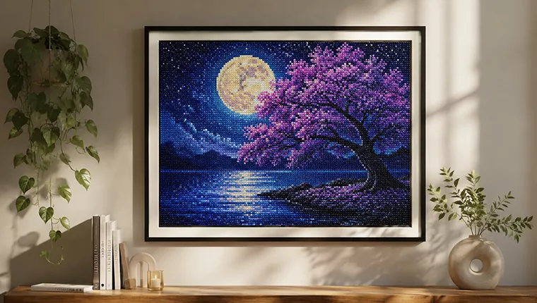 A framed diamond painting on a wall beside a diamond-art coaster and pouch