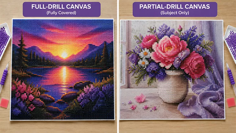 A full-drill diamond painting beside a partial-drill diamond painting to compare coverage