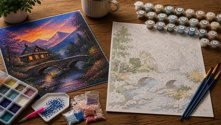 A sparkling diamond painting beside a matte paint-by-numbers canvas with brushes