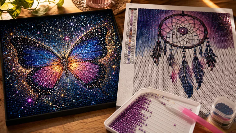 A sparkling finished diamond painting beside an in-progress canvas with pen, tray and drills