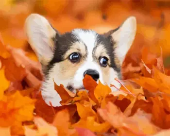 Welsh Corgi autumn diamond painting kit — happy corgi surrounded by colorful fall leaves