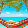 Beach cat diamond painting kit — relaxed cat enjoying a sunny beach scene