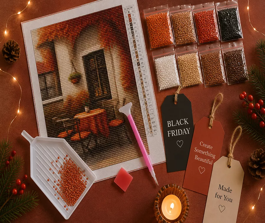 Black Friday diamond painting kits arranged with gift tags