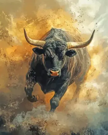 Bull in dust cloud diamond painting kit — charging bull surrounded by dust