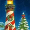 Christmas lighthouse with festive wreath and snowy Christmas tree diamond painting kit