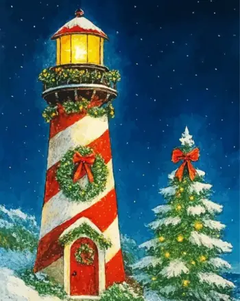 Christmas lighthouse with festive wreath and snowy Christmas tree diamond painting kit