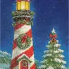 Christmas lighthouse with festive wreath and snowy Christmas tree diamond painting kit