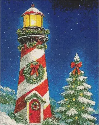 Christmas lighthouse with festive wreath and snowy Christmas tree diamond painting kit