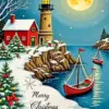 Christmas night lighthouse with snowy village, moonlit harbor, and festive boats diamond painting kit