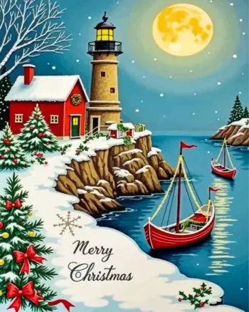 Christmas night lighthouse with snowy village, moonlit harbor, and festive boats diamond painting kit