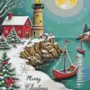 Christmas night lighthouse with snowy village, moonlit harbor, and festive boats diamond painting kit