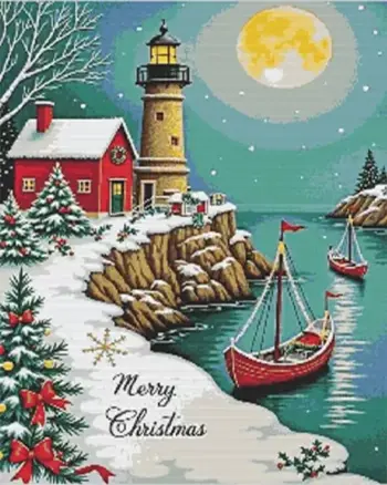 Christmas night lighthouse with snowy village, moonlit harbor, and festive boats diamond painting kit