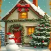 Snowy Christmas house diamond painting kit — glowing holiday cottage