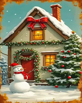 Snowy Christmas house diamond painting kit — glowing holiday cottage