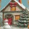 Snowy Christmas house diamond painting kit — glowing holiday cottage