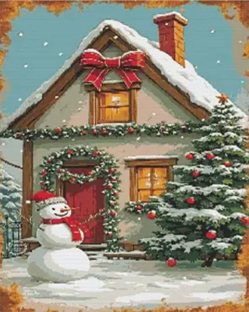 Snowy Christmas house diamond painting kit — glowing holiday cottage