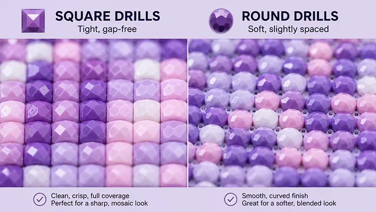 Close-up comparison of square diamond painting drills and round drills