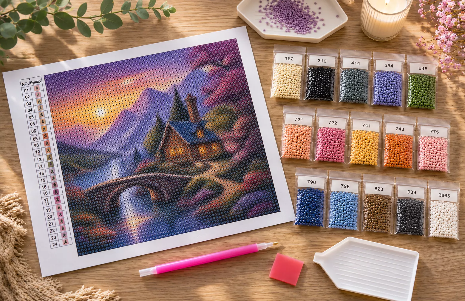 Diamond painting kit contents: canvas, drills, pen, wax and tray
