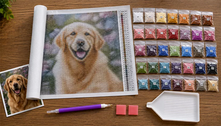 Diamond painting kit contents laid out: canvas, drills, pen, wax and tray