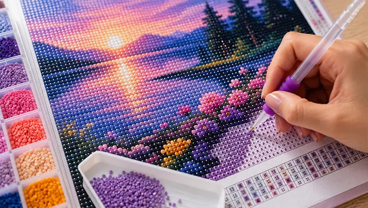 Hand placing diamond drills on a diamond painting canvas.