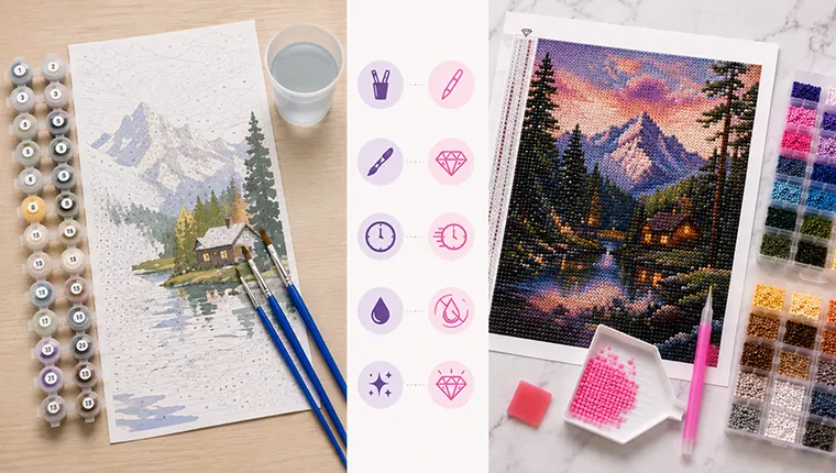 A sparkling diamond painting beside a matte paint-by-numbers canvas with brushes