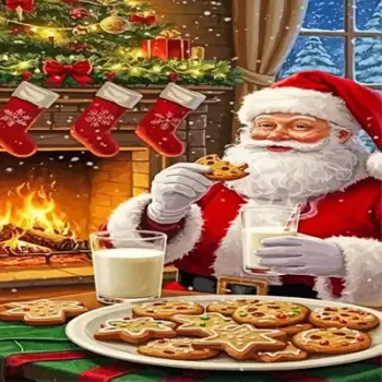 Santa Claus enjoying cookies and milk by a cozy Christmas fireplace diamond painting kit