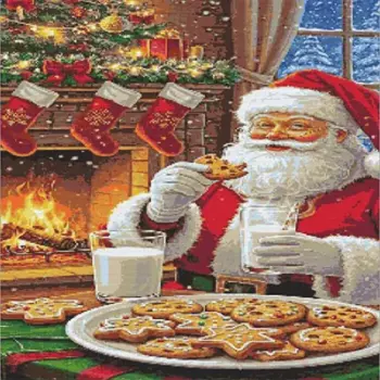 Santa Claus enjoying cookies and milk by a cozy Christmas fireplace diamond painting kit