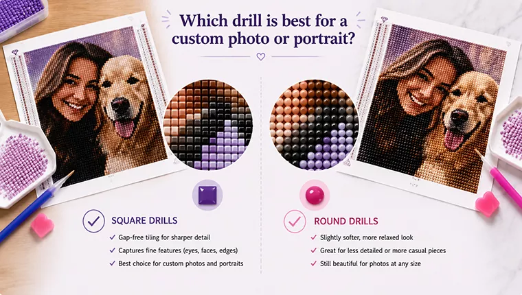 Close-up comparison of square diamond painting drills and round drills
