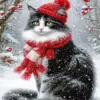 Black and white winter cat wearing a red hat and scarf diamond painting kit