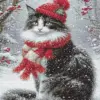 Black and white winter cat wearing a red hat and scarf diamond painting kit