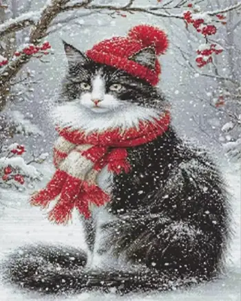 Black and white winter cat wearing a red hat and scarf diamond painting kit