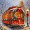 Christmas train decorated with wreaths and bows in a snowy winter scene diamond painting kit