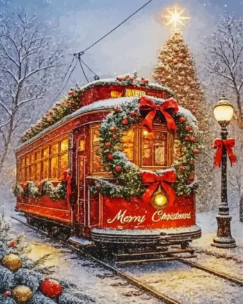 Christmas train decorated with wreaths and bows in a snowy winter scene diamond painting kit