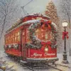 Christmas train decorated with wreaths and bows in a snowy winter scene diamond painting kit