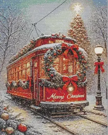 Christmas train decorated with wreaths and bows in a snowy winter scene diamond painting kit