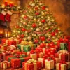 Christmas tree surrounded by festive gifts and holiday decorations diamond painting kit