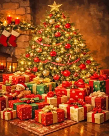 Christmas tree surrounded by festive gifts and holiday decorations diamond painting kit