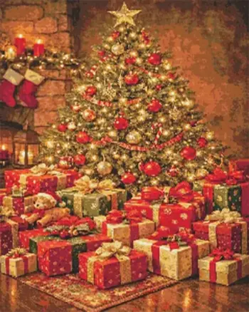 Christmas tree surrounded by festive gifts and holiday decorations diamond painting kit