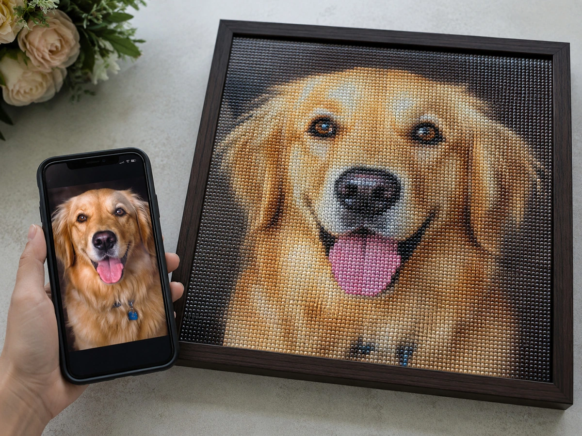 A pet photo on a phone beside its finished custom diamond painting