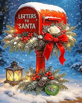 Letters to Santa red mailbox with holiday greenery and bow diamond painting kit