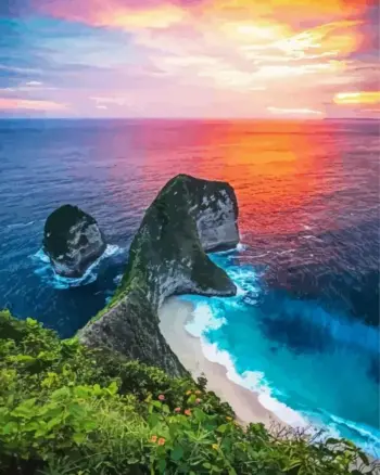 Bali cliff sunset seascape diamond painting kit — glowing sunset over coastal cliffs and ocean