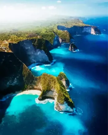 Bali coast Seascape diamond painting kit — dramatic green cliffs surrounded by turquoise ocean water