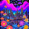 Black Light City diamond painting kit — vibrant neon cityscape with glowing lights