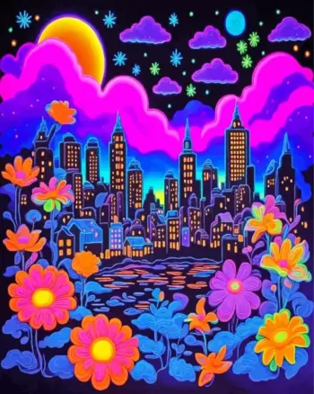 Black Light City diamond painting kit — vibrant neon cityscape with glowing lights