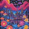 Black Light City diamond painting kit — vibrant neon cityscape with glowing lights