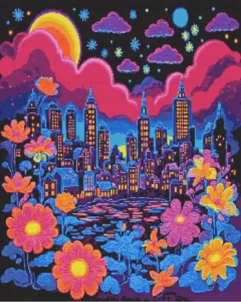 Black Light City diamond painting kit — vibrant neon cityscape with glowing lights