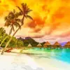 Bora Bora huts diamond painting kit — overwater bungalows above a turquoise tropical lagoon