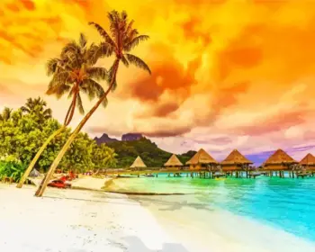 Bora Bora huts diamond painting kit — overwater bungalows above a turquoise tropical lagoon