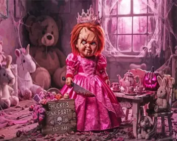 Chucky horror diamond painting with creepy tea party and dolls